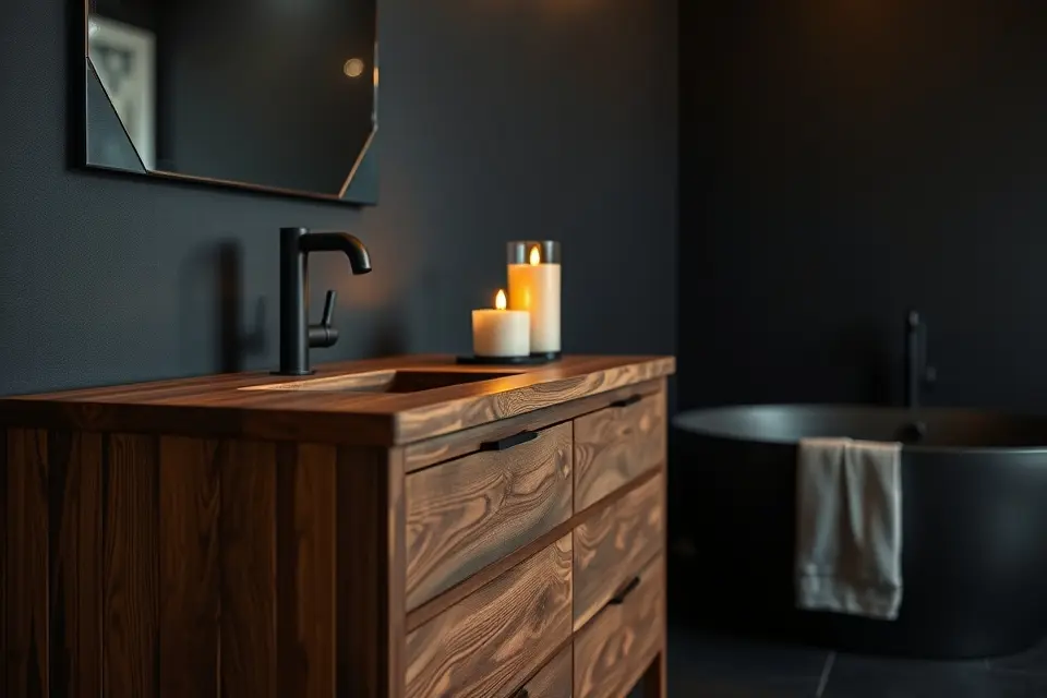 Idea 4: Black Walls with Warm Wood Accents