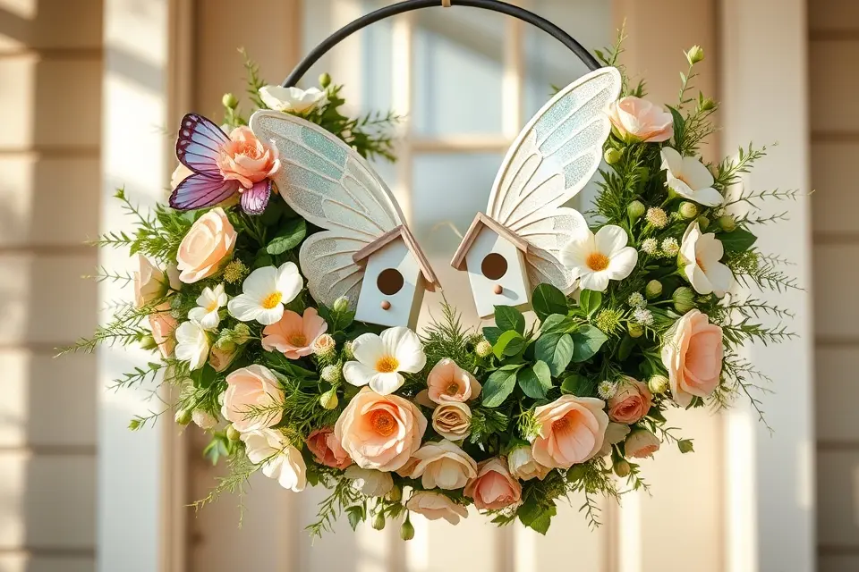 6. Whimsical Butterfly & Birdhouse Wreath