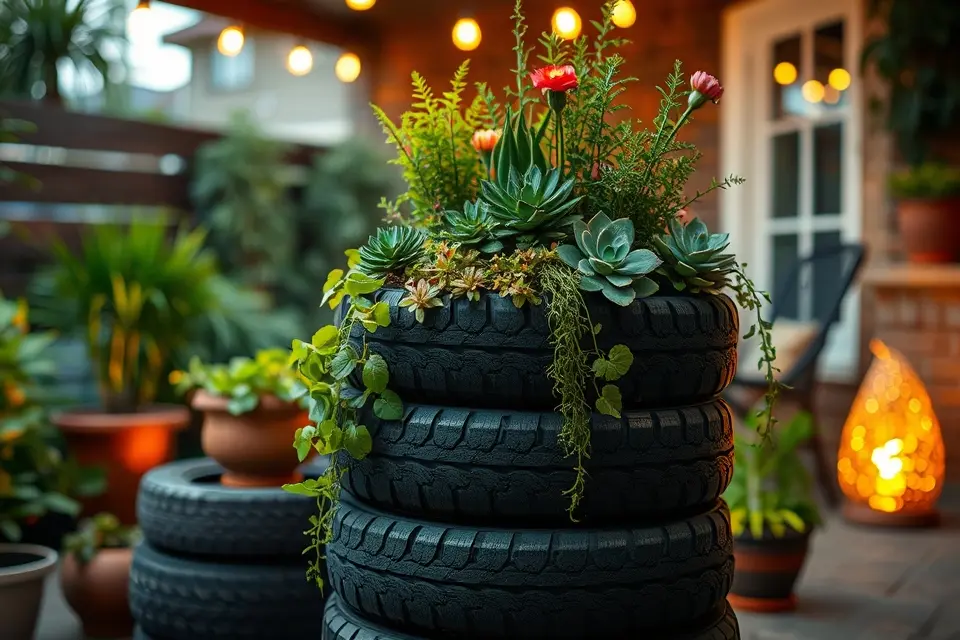 7. Upcycled Tire Planter Lighting