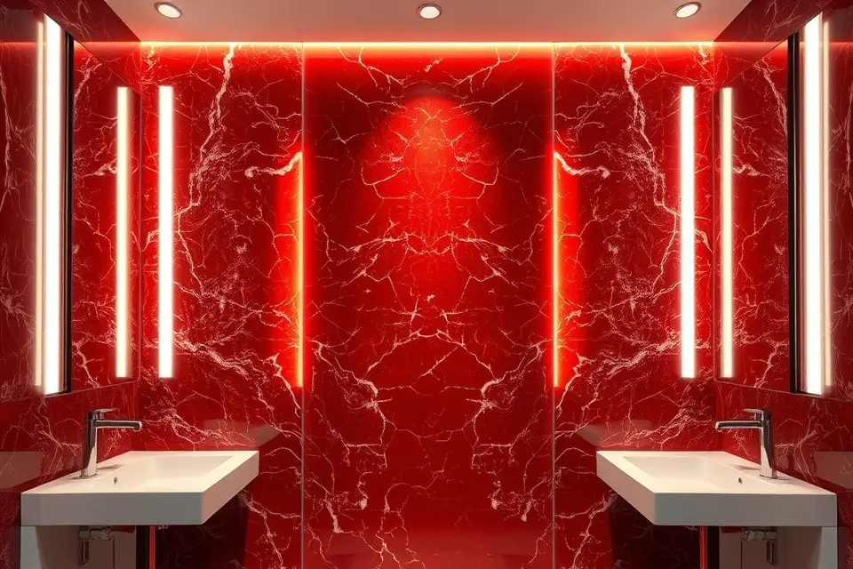 Idea 10: Backlit Red Marble Panels for Drama