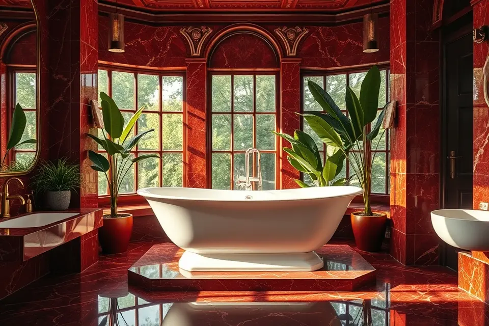 Idea 11: Red Marble Freestanding Tub Surround