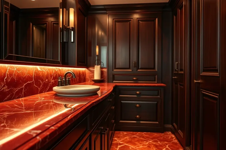 Idea 12: Red Marble and Dark Wood Combination