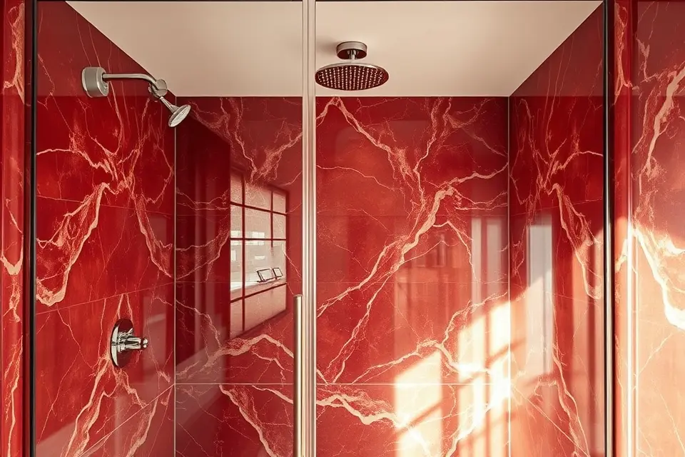 Idea 4: Striking Red Marble Shower Enclosures