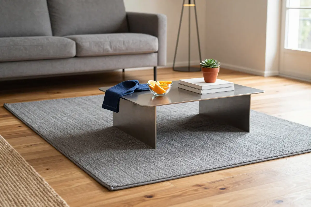 Low-pile slate gray wool flatweave rug anchoring a living area beside an open kitchen