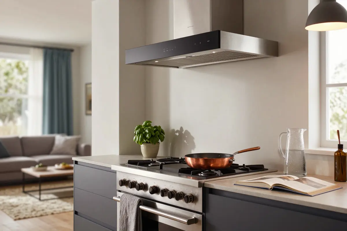 Ducted range hood above the cooktop in an open-plan kitchen