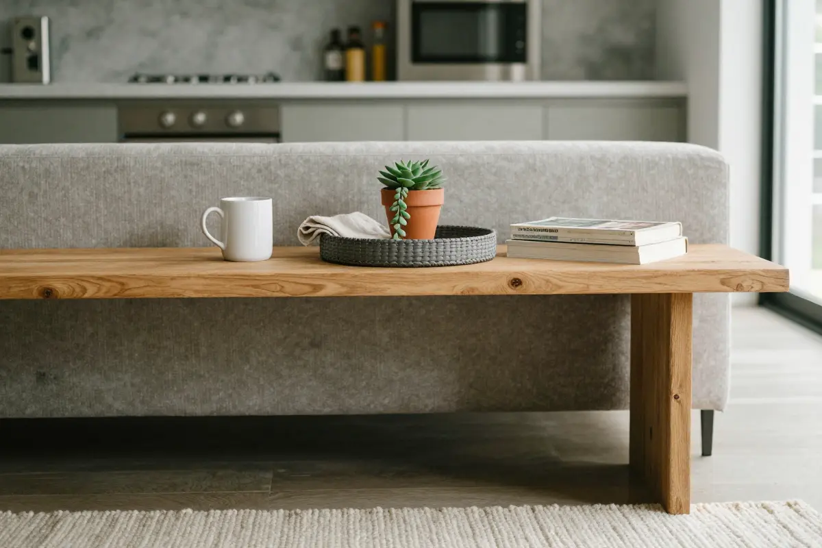 Low wood console table behind a floating sofa in an open-plan room