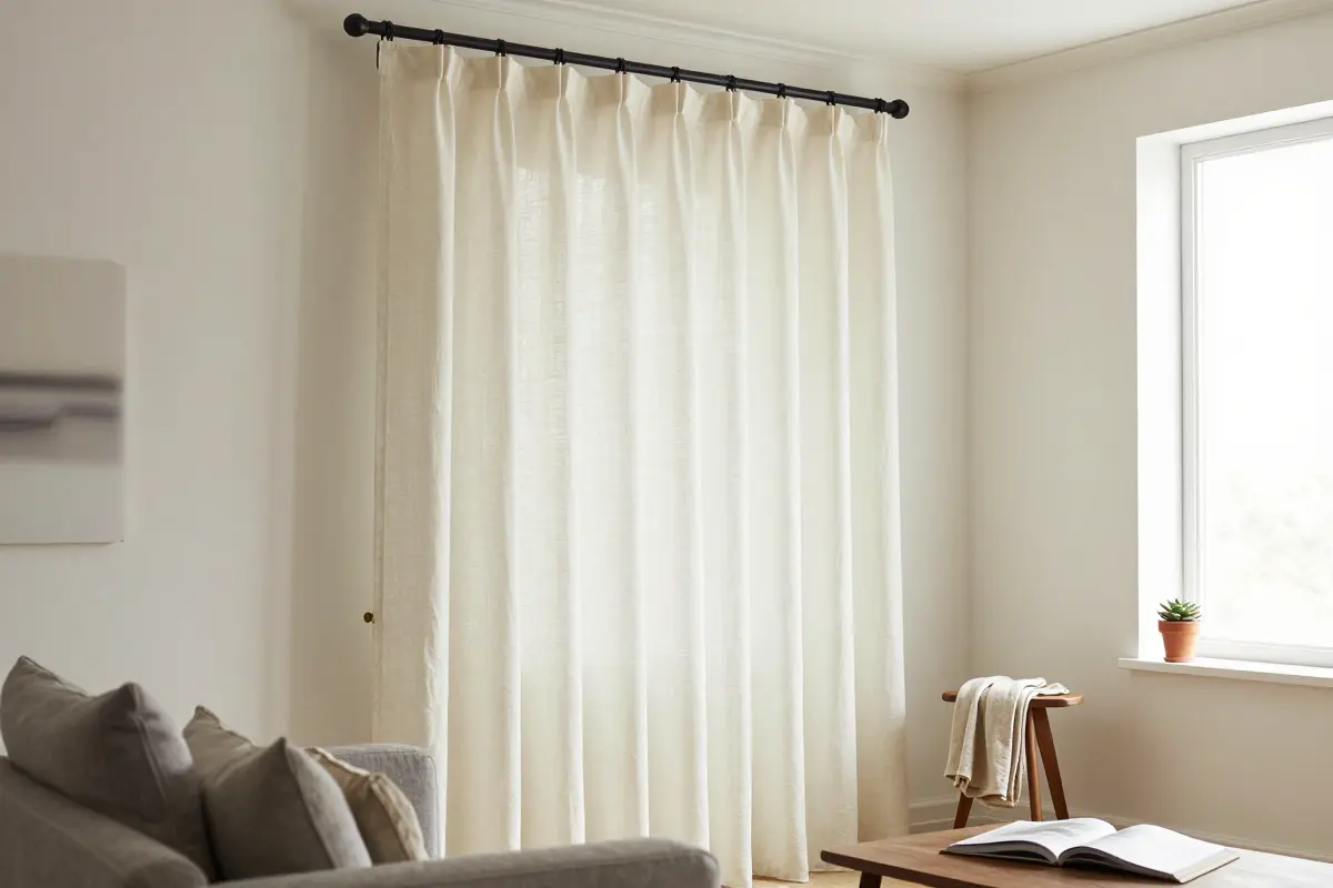 4. Hang Ceiling-Height Linen-Blend Drapes on Slim Black Rods