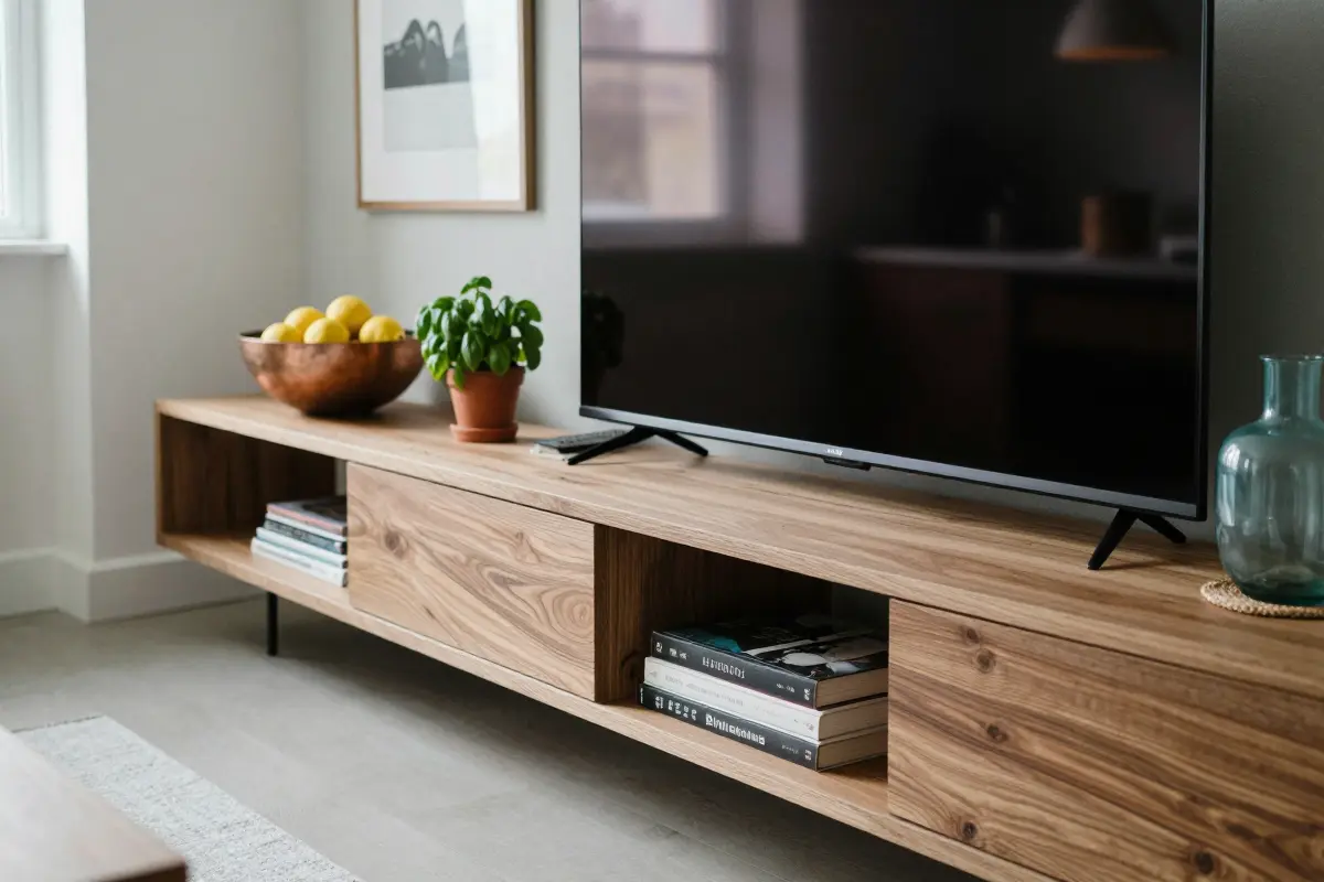 Matching walnut floating shelves and media console in an open living area