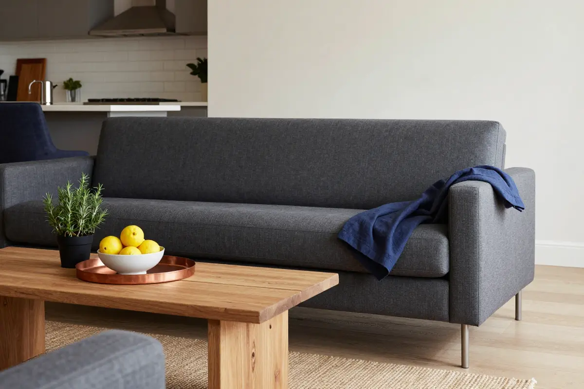 Performance-fabric sofa in an open-plan living area next to a kitchen