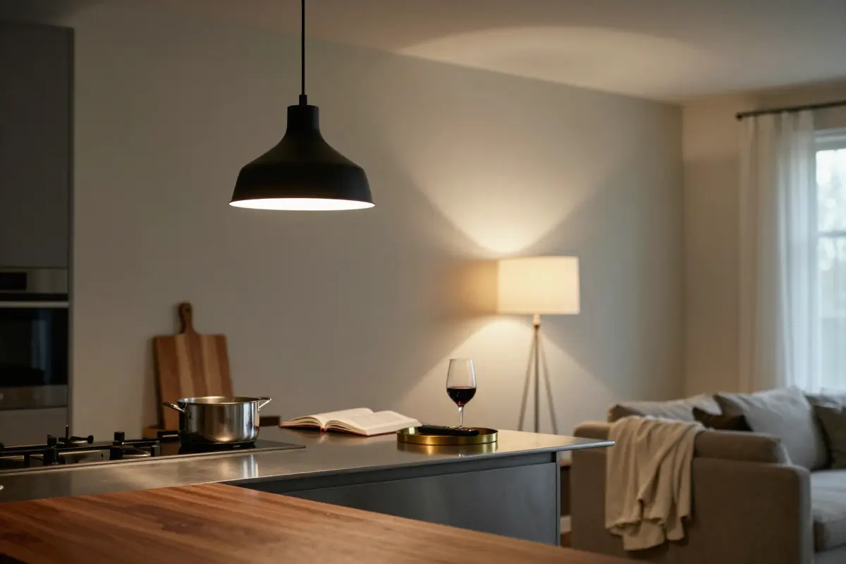 Open-plan kitchen and living room lit with layered task and ambient lighting
