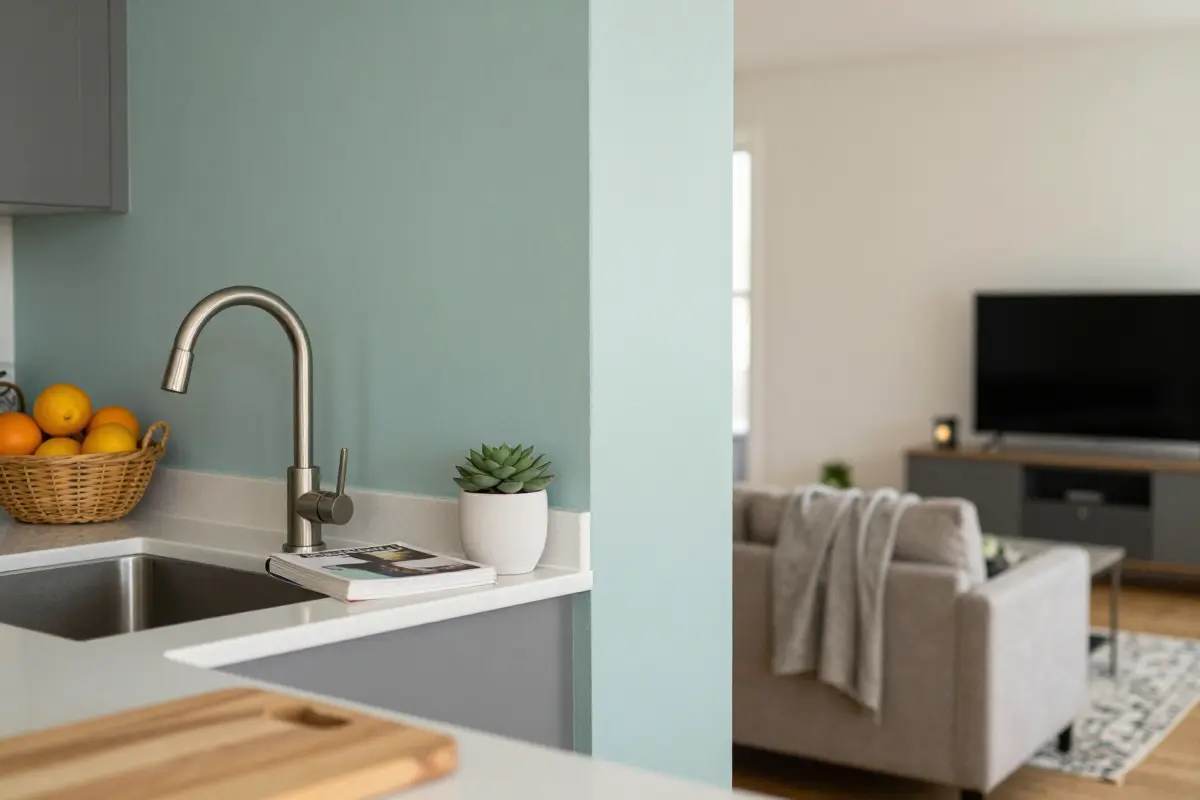 Open-plan walls painted one color in satin for the kitchen and flat for the living area