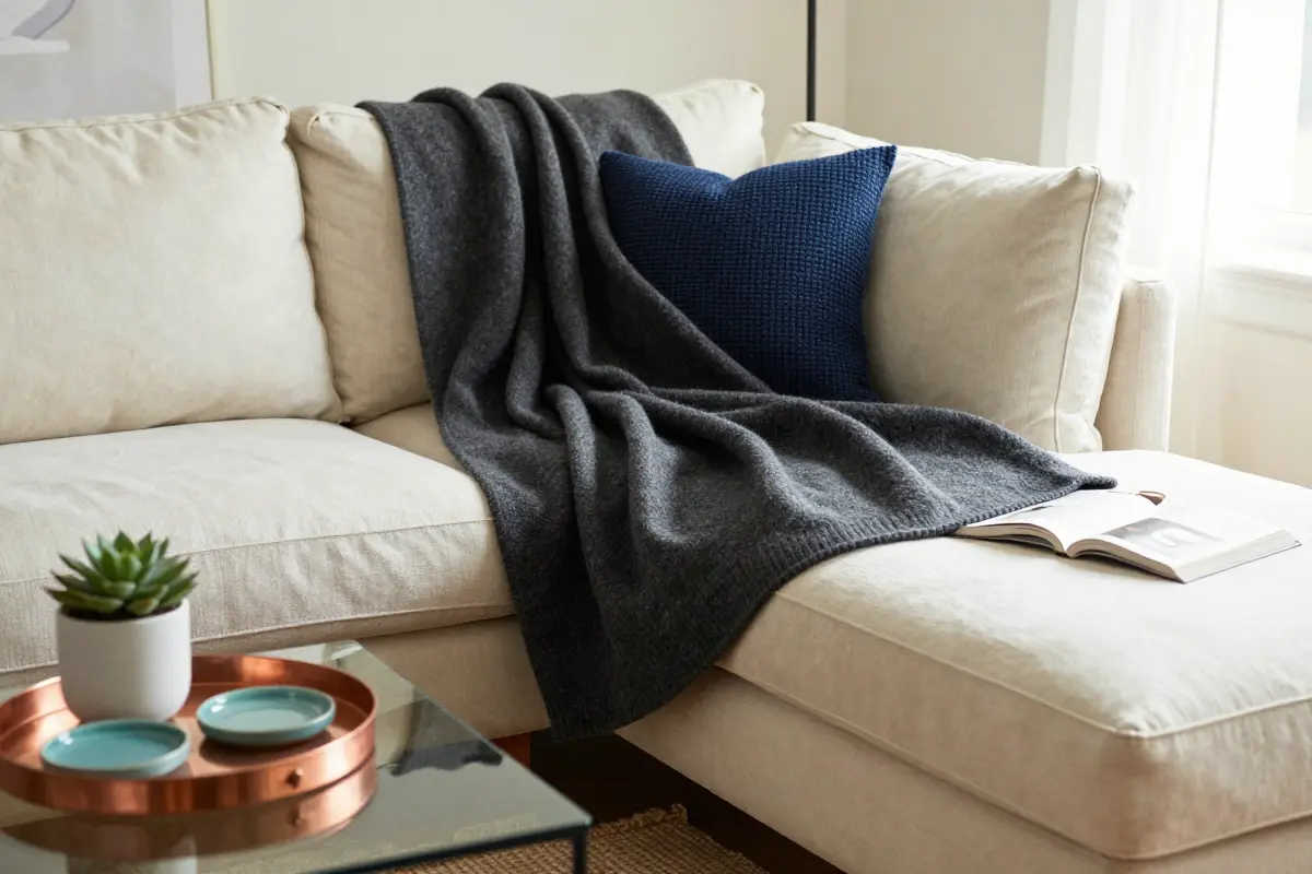 9. Drape a Heavy-Weight Wool or Linen Throw Over Worn Cushion Seams