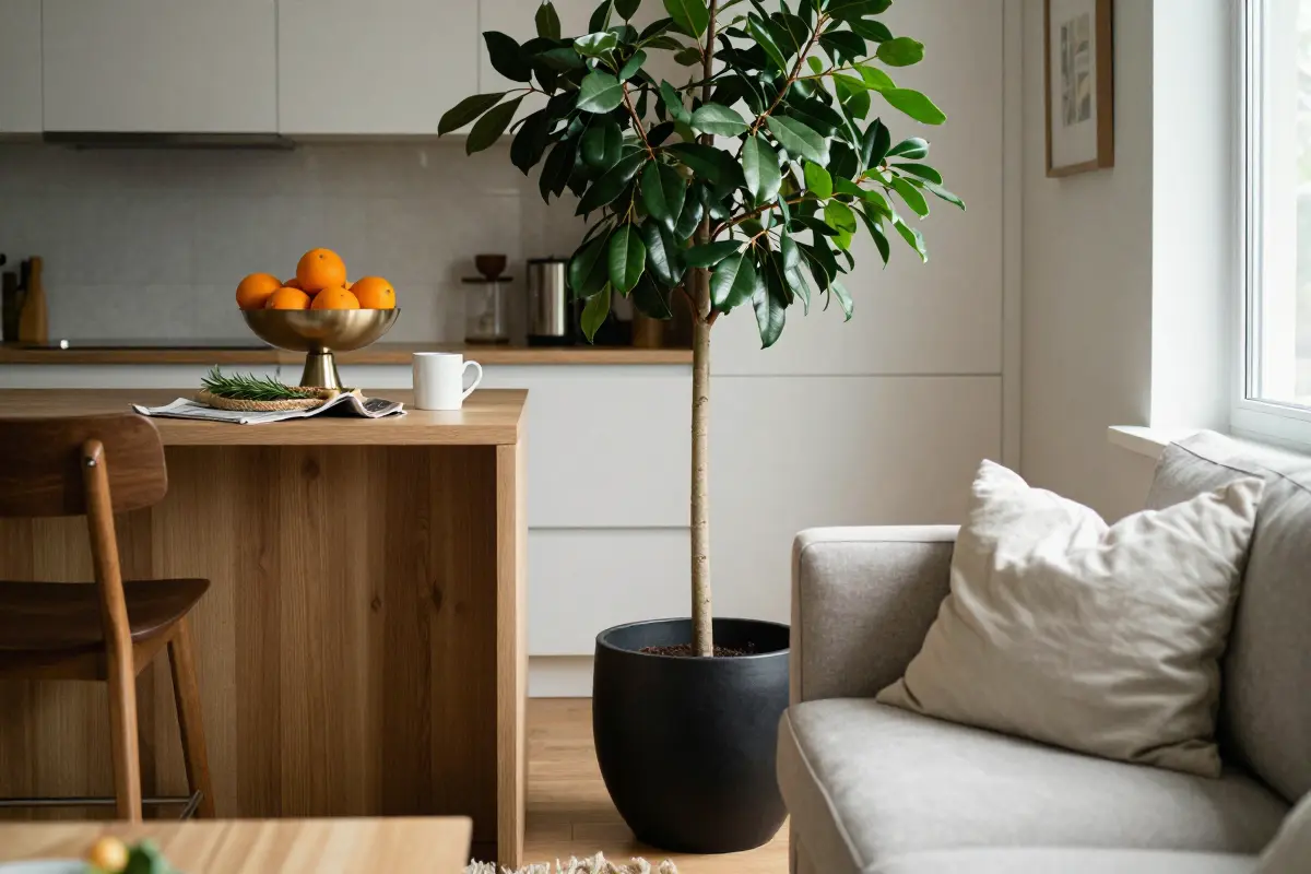 Tall Ficus Audrey in a matte-black planter between a kitchen island and sofa