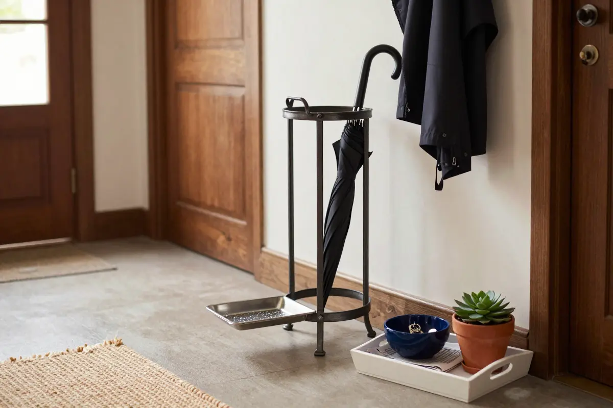 Cast-iron umbrella stand with a removable drip pan by the front door