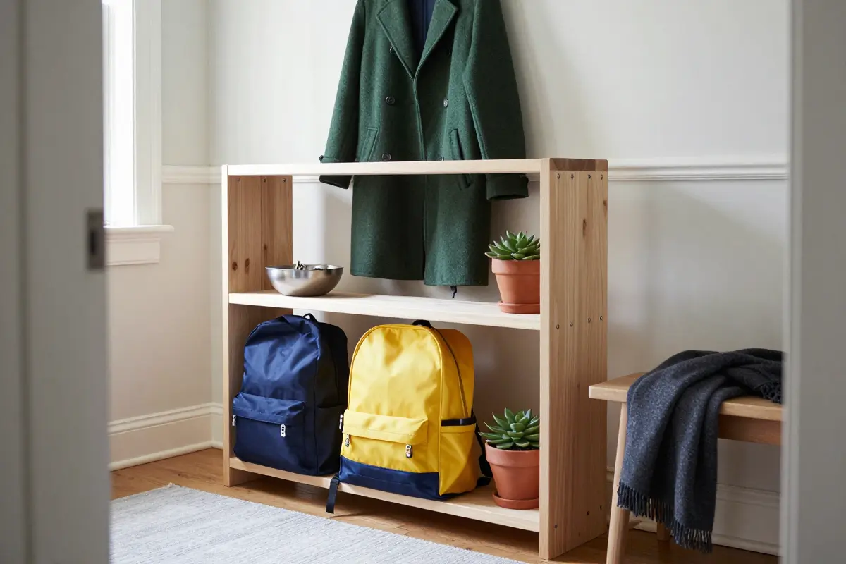 Two-row painted Shaker peg rail holding backpacks and long coats by the front door