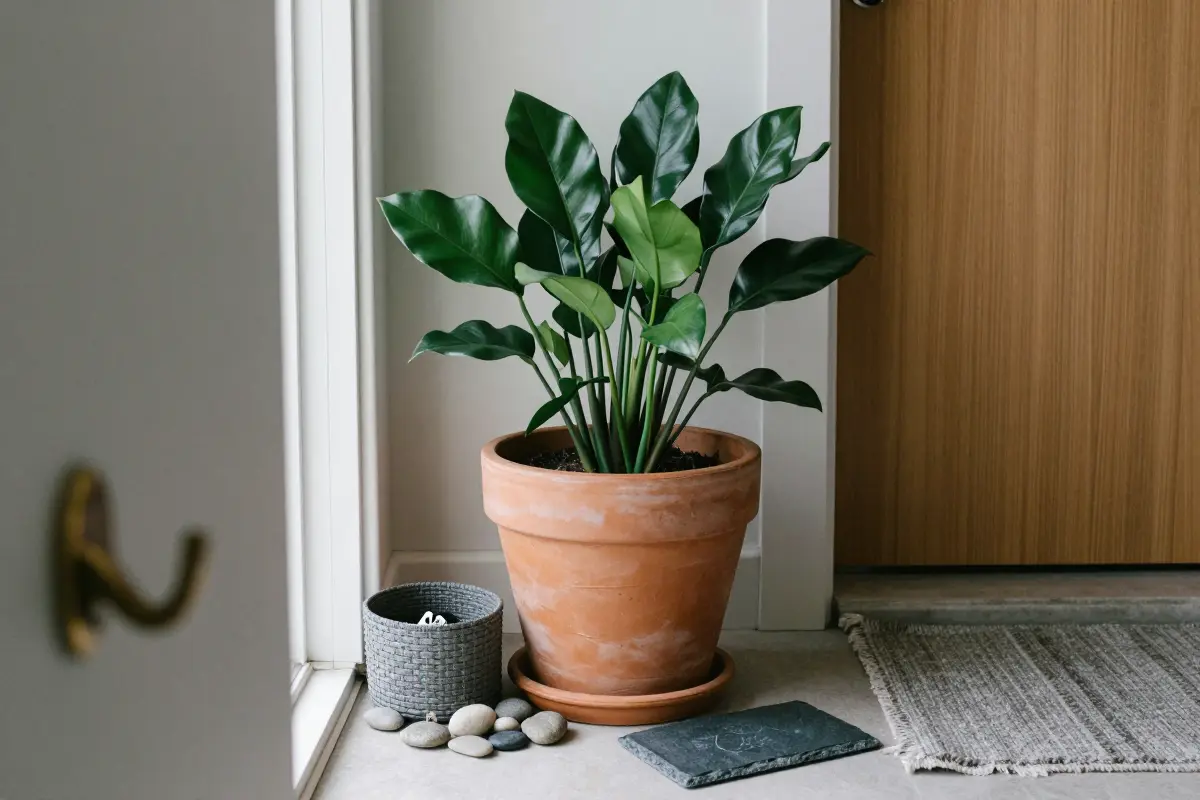 Low-light potted plant in a heavy terracotta pot in a narrow entryway