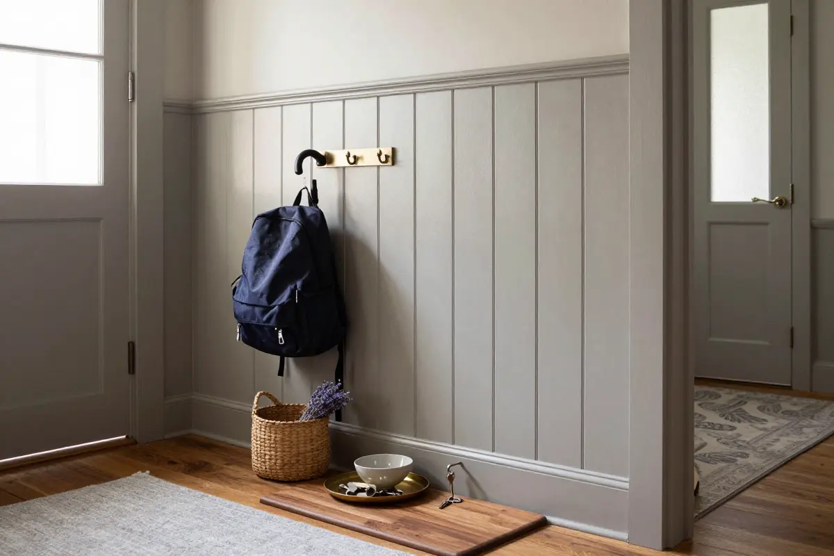 Painted tongue-and-groove wainscoting with a Shaker cap lining an entryway wall