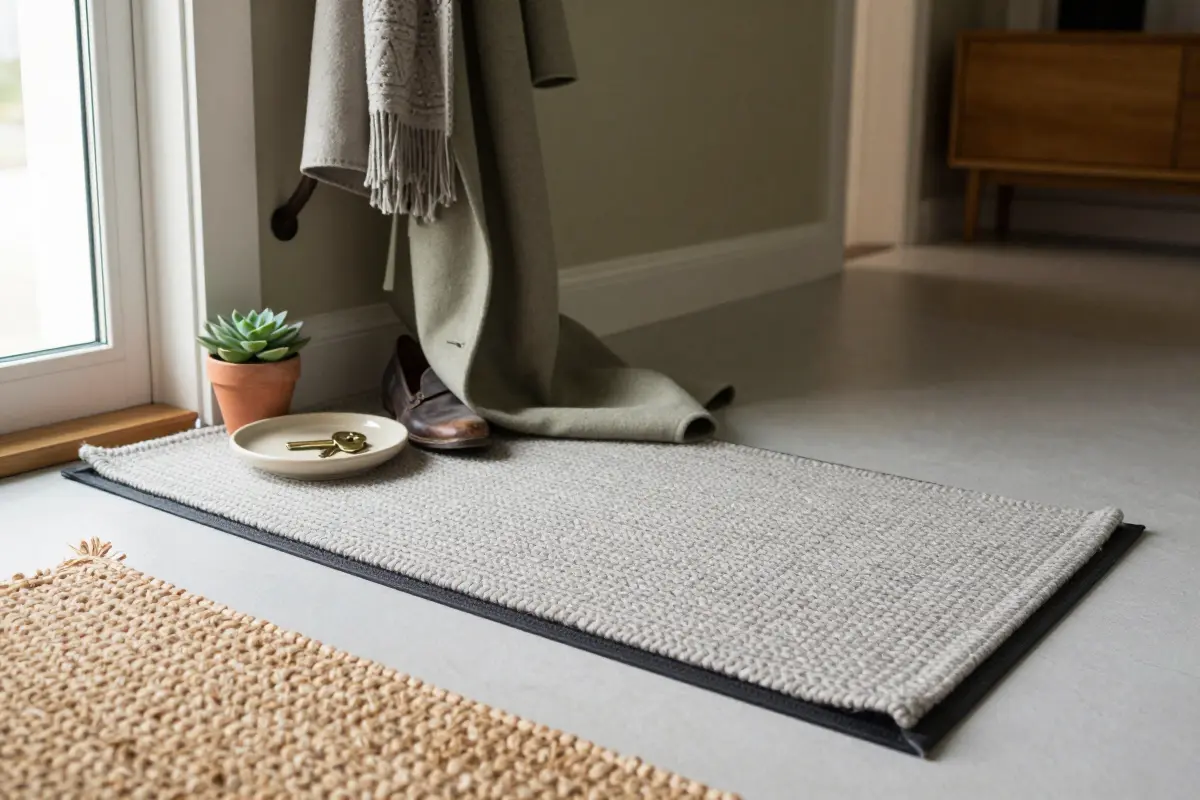 Flatweave wool runner over a non-slip pad in a busy front hallway