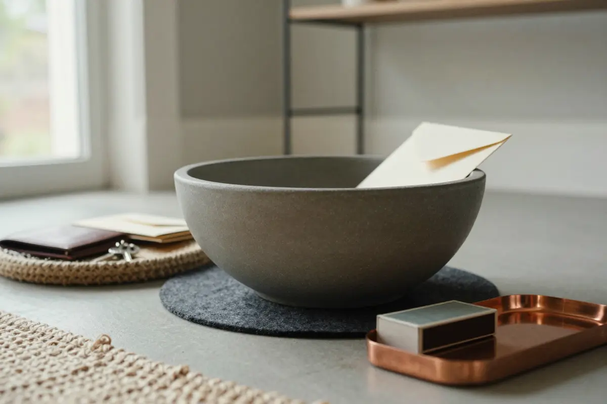 Heavyweight matte stoneware catchall tray holding keys and mail on an entry console