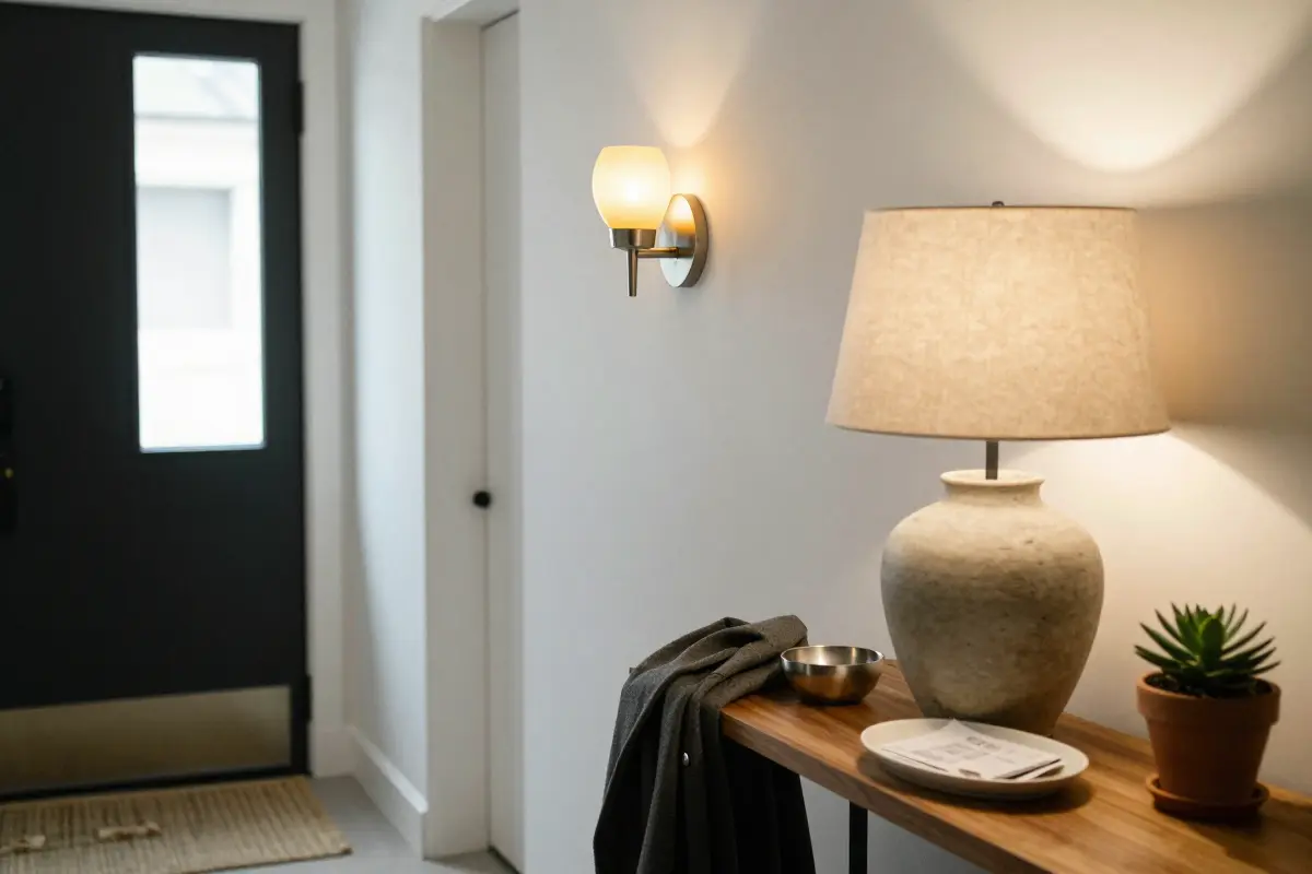 Pair of brushed-nickel wall sconces with warm light beside an entryway console lamp