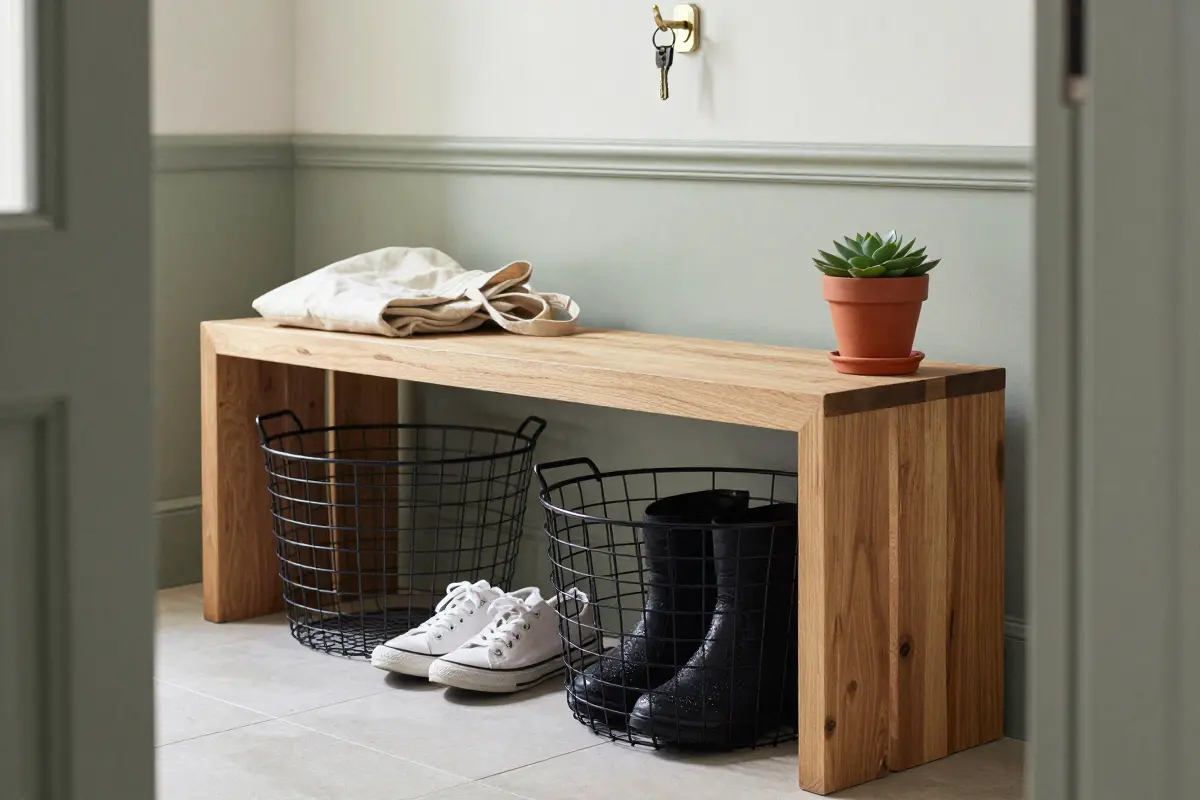 Open-slatted ash entryway bench with two wire baskets of shoes underneath