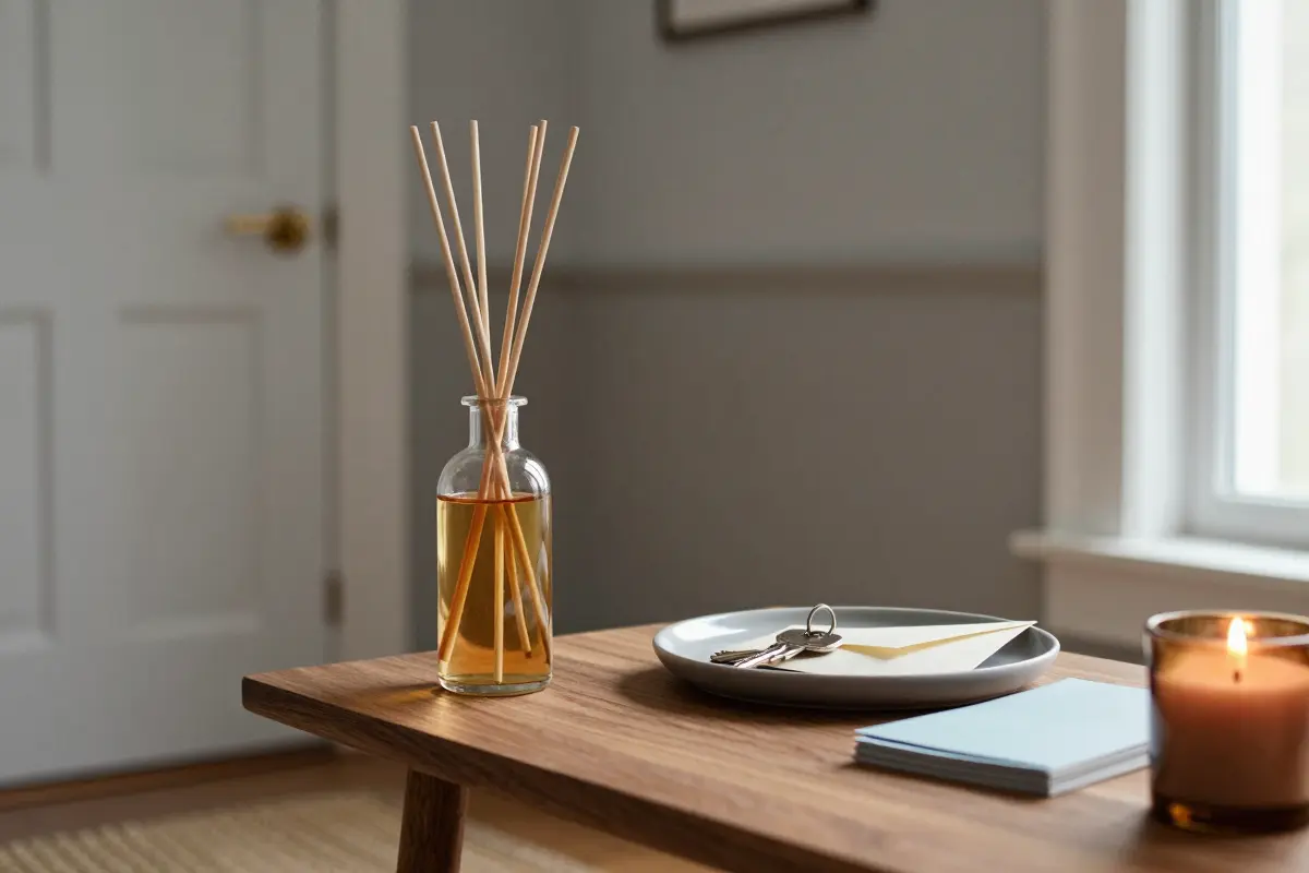Glass reed diffuser with cedarwood and amber scent on an entryway console