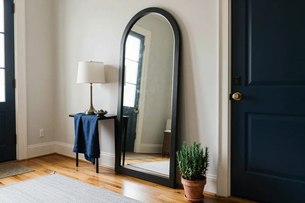 Thick-framed arch mirror reflecting daylight from a side window in an entryway