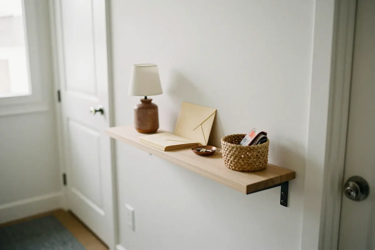 Shallow wall-mounted white oak console on metal brackets in a narrow entryway